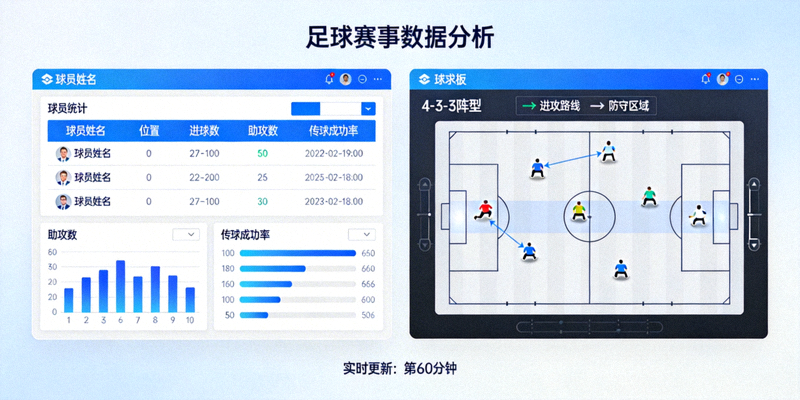 足球赛事数据分析界面，展示球员统计与战术板